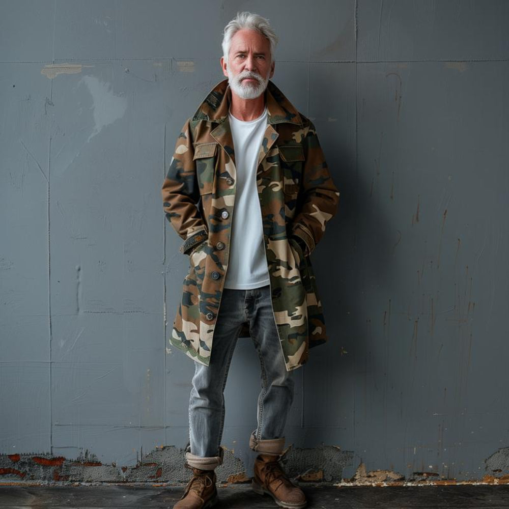 Men's Camouflage Lapel Breast Pocket Single Breasted Mid-length Cargo Trench Coat 74550095Z - Image 5