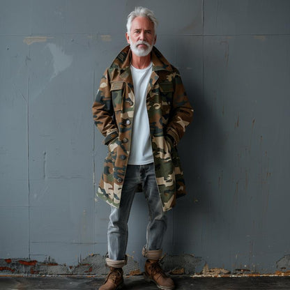 Men's Camouflage Lapel Breast Pocket Single Breasted Mid-length Cargo Trench Coat 74550095Z - Image 5