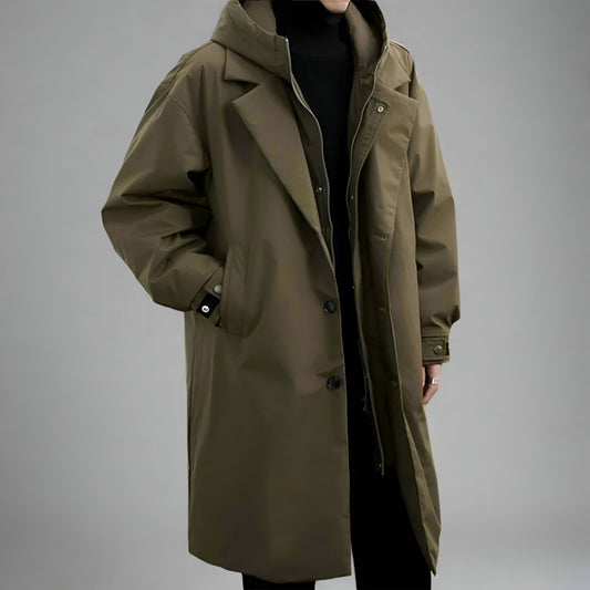 Men's Long Waterproof Puffer Trench Coat Hooded