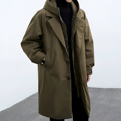 Men's Long Waterproof Puffer Trench Coat Hooded