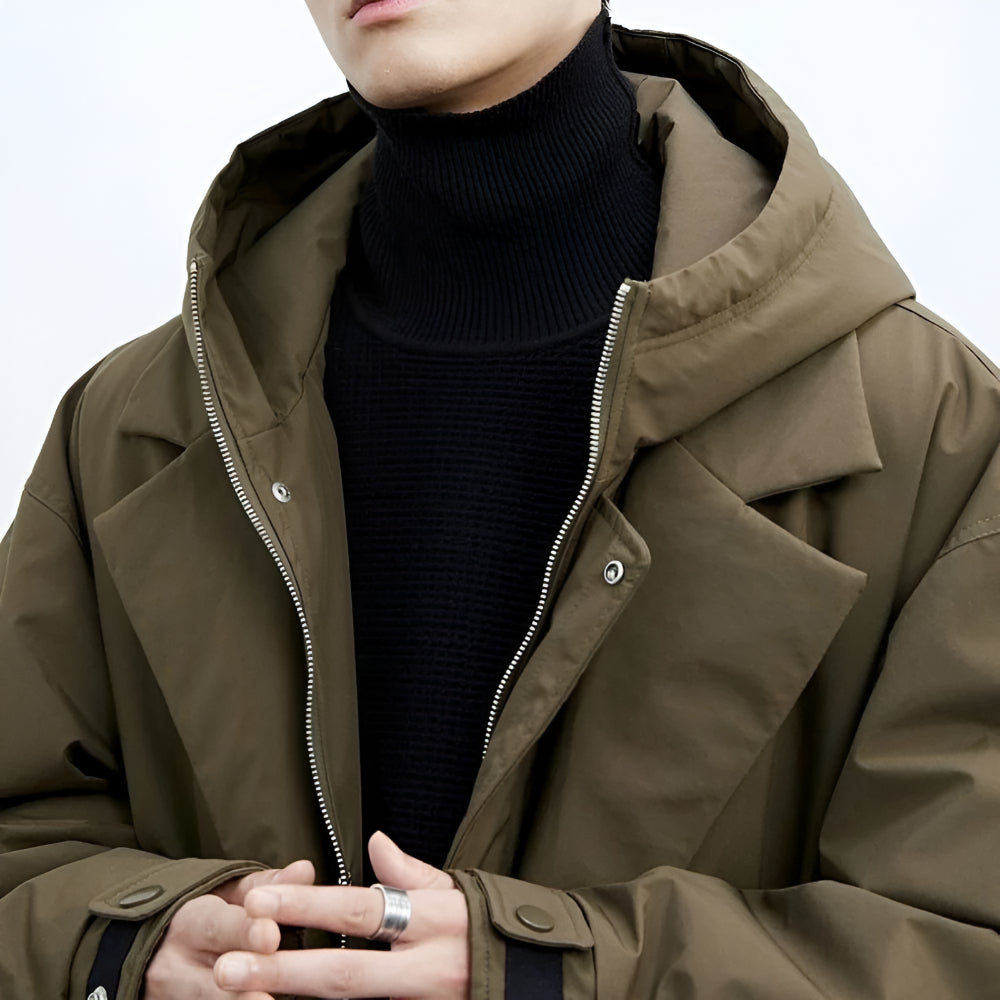 Men's Long Waterproof Puffer Trench Coat Hooded