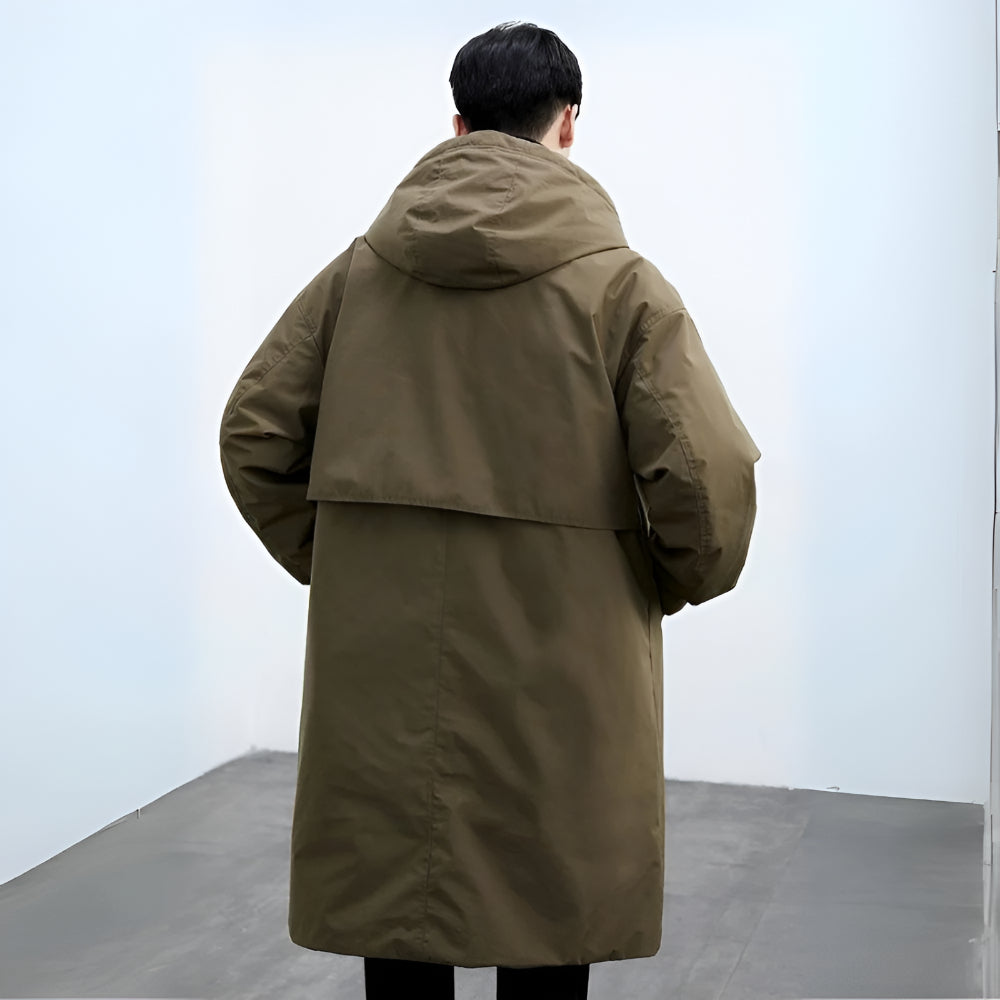 Men's Long Waterproof Puffer Trench Coat Hooded