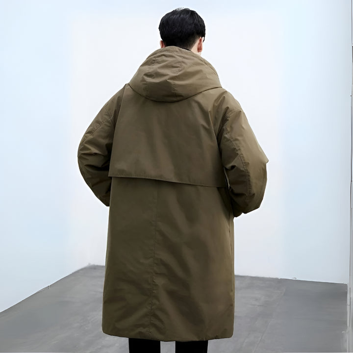 Men's Long Waterproof Puffer Trench Coat Hooded
