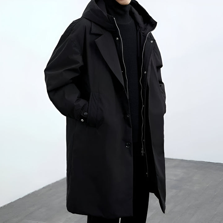 Men's Long Waterproof Puffer Trench Coat Hooded