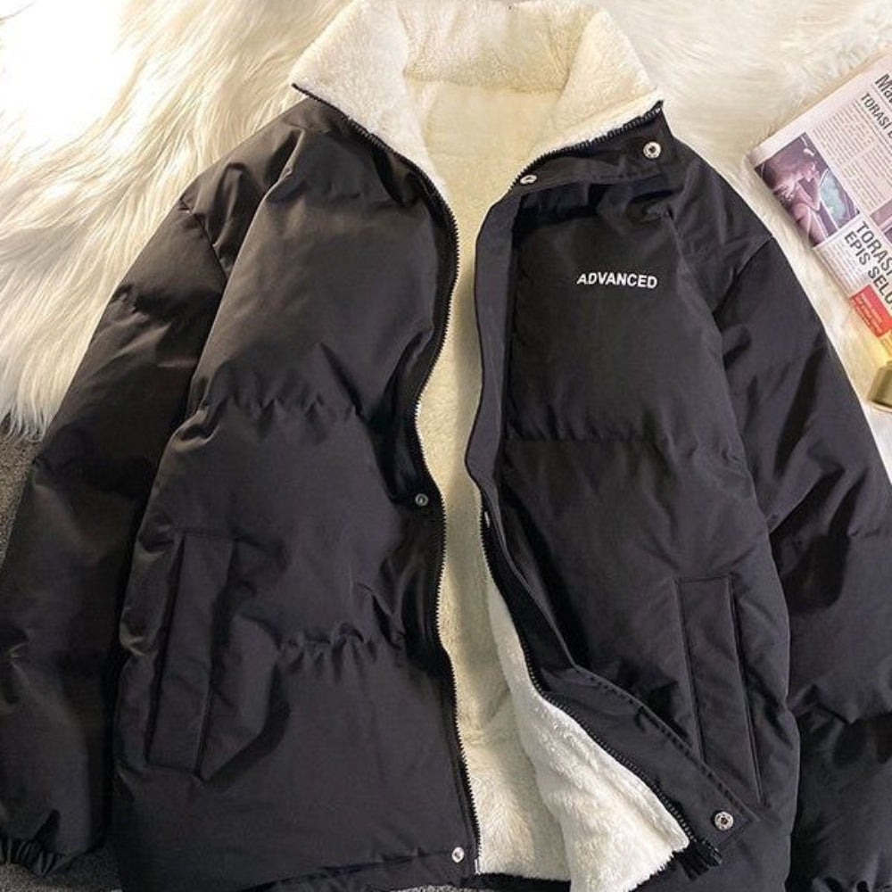 Vintage Solid Short Padded Coat with High Neck and Zipper