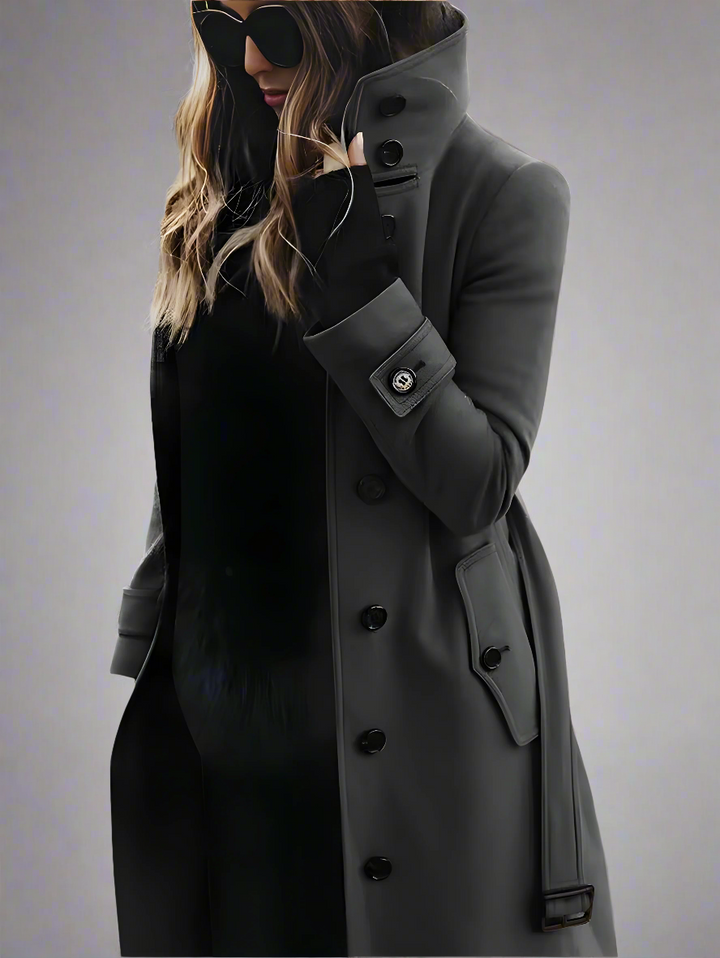 Women’s Long Trench Coat | Double-Breasted Belted High Collar