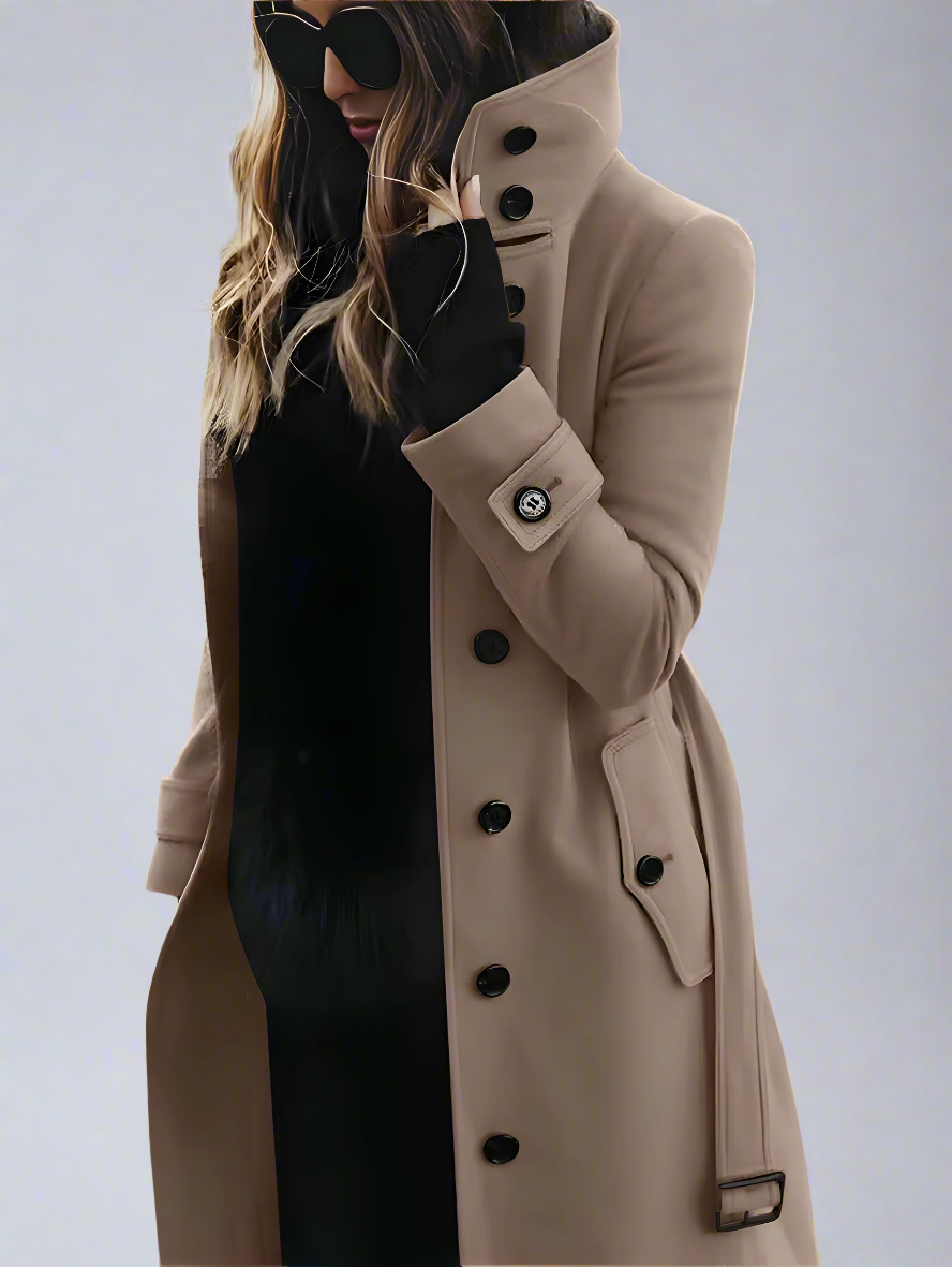 Women’s Long Trench Coat | Double-Breasted Belted High Collar