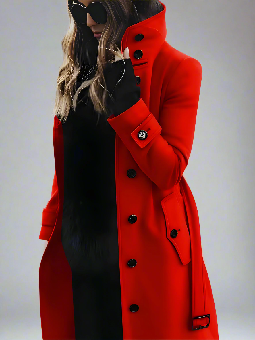 Women’s Long Trench Coat | Double-Breasted Belted High Collar