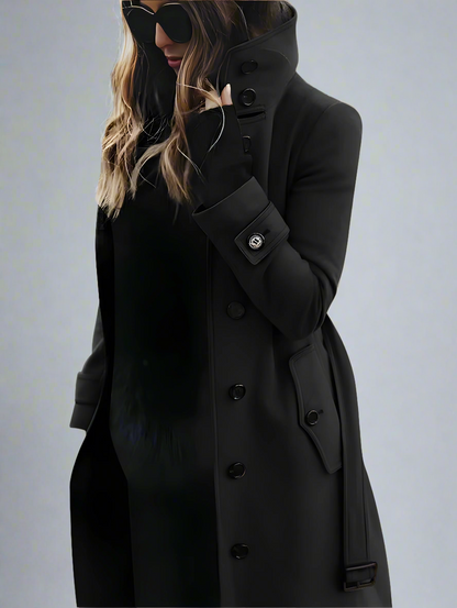 Women’s Long Trench Coat | Double-Breasted Belted High Collar