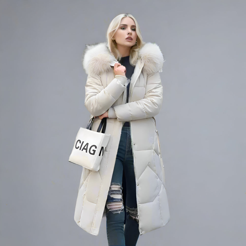 Women’s Long Hooded Winter Coat | Quilted Fur Hood