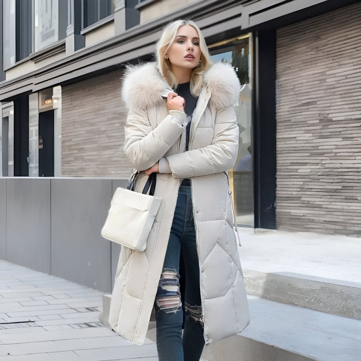 Women’s Long Hooded Winter Coat | Quilted Fur Hood