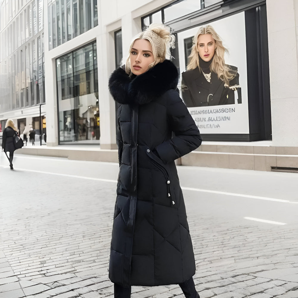 Women’s Long Hooded Winter Coat | Quilted Fur Hood