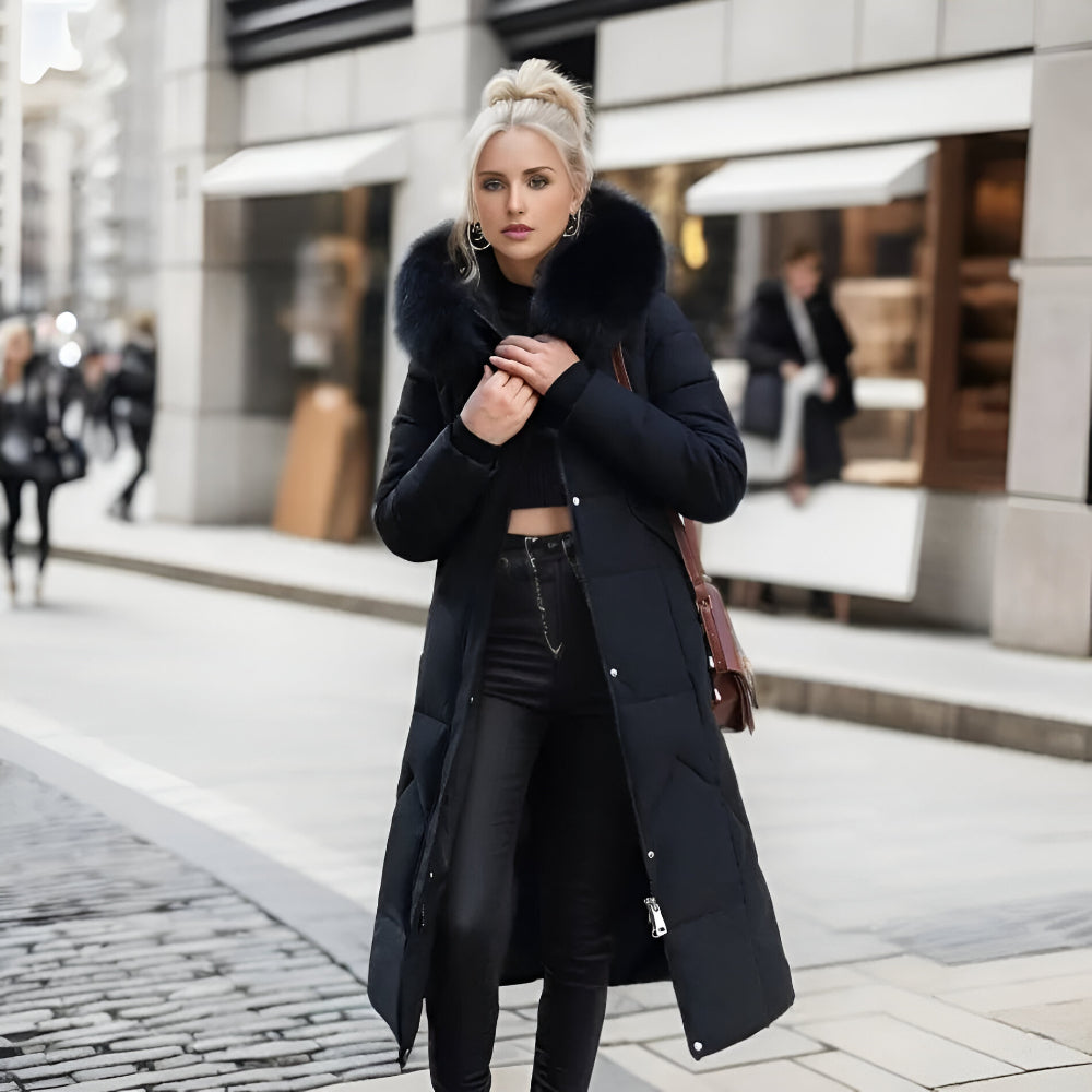 Women’s Long Hooded Winter Coat | Quilted Fur Hood