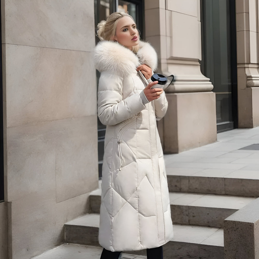 Women’s Long Hooded Winter Coat | Quilted Fur Hood
