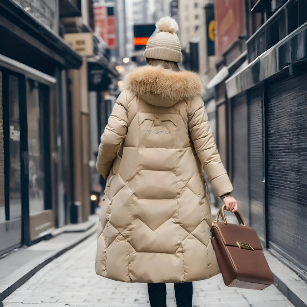 Women’s Long Hooded Winter Coat | Quilted Fur Hood