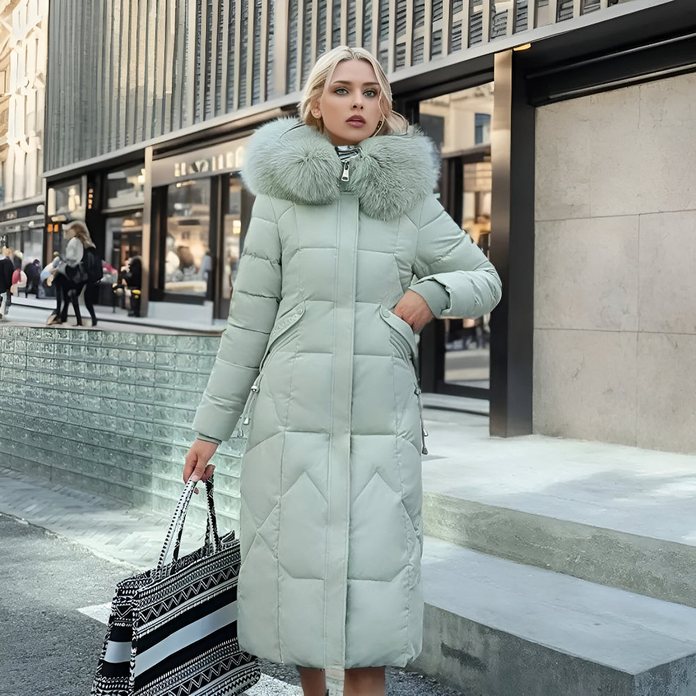 Women’s Long Hooded Winter Coat | Quilted Fur Hood