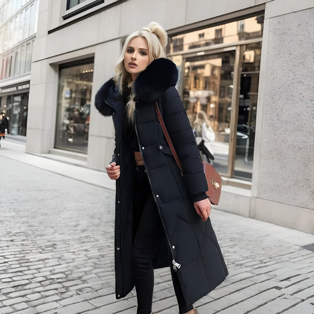 Women’s Long Hooded Winter Coat | Quilted Fur Hood