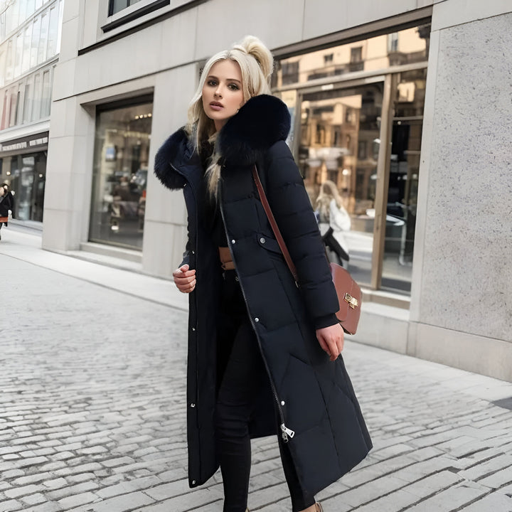 Women’s Long Hooded Winter Coat | Quilted Fur Hood