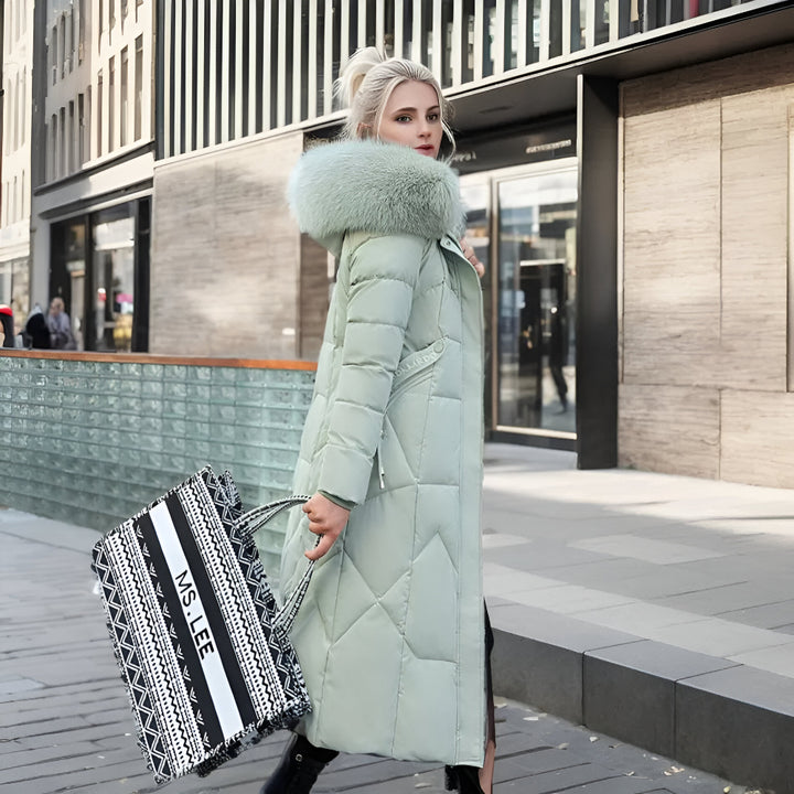 Women’s Long Hooded Winter Coat | Quilted Fur Hood