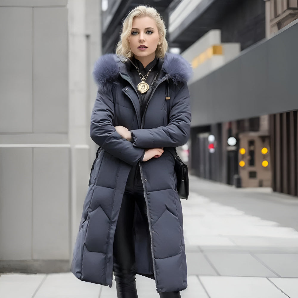 Women’s Long Hooded Winter Coat | Quilted Fur Hood