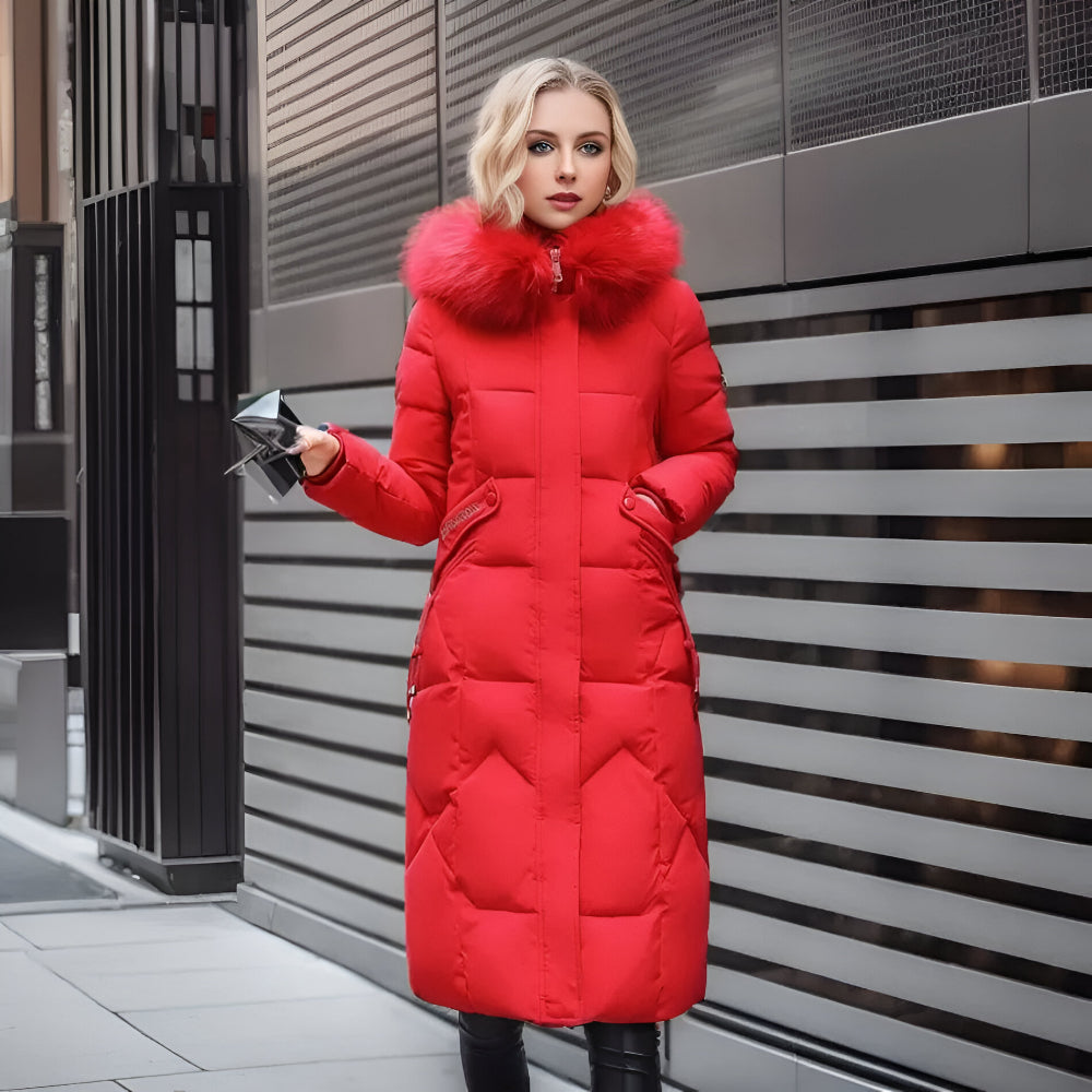 Women’s Long Hooded Winter Coat | Quilted Fur Hood