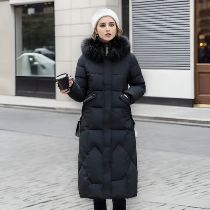 Women’s Long Hooded Winter Coat | Quilted Fur Hood