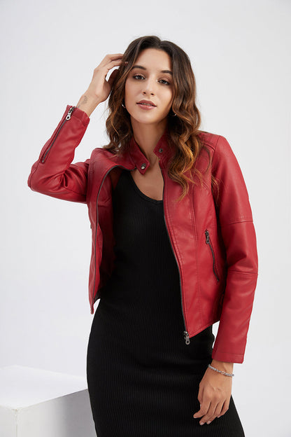 Women’s Faux Leather Jacket | Slim Fit, Zipper Pockets