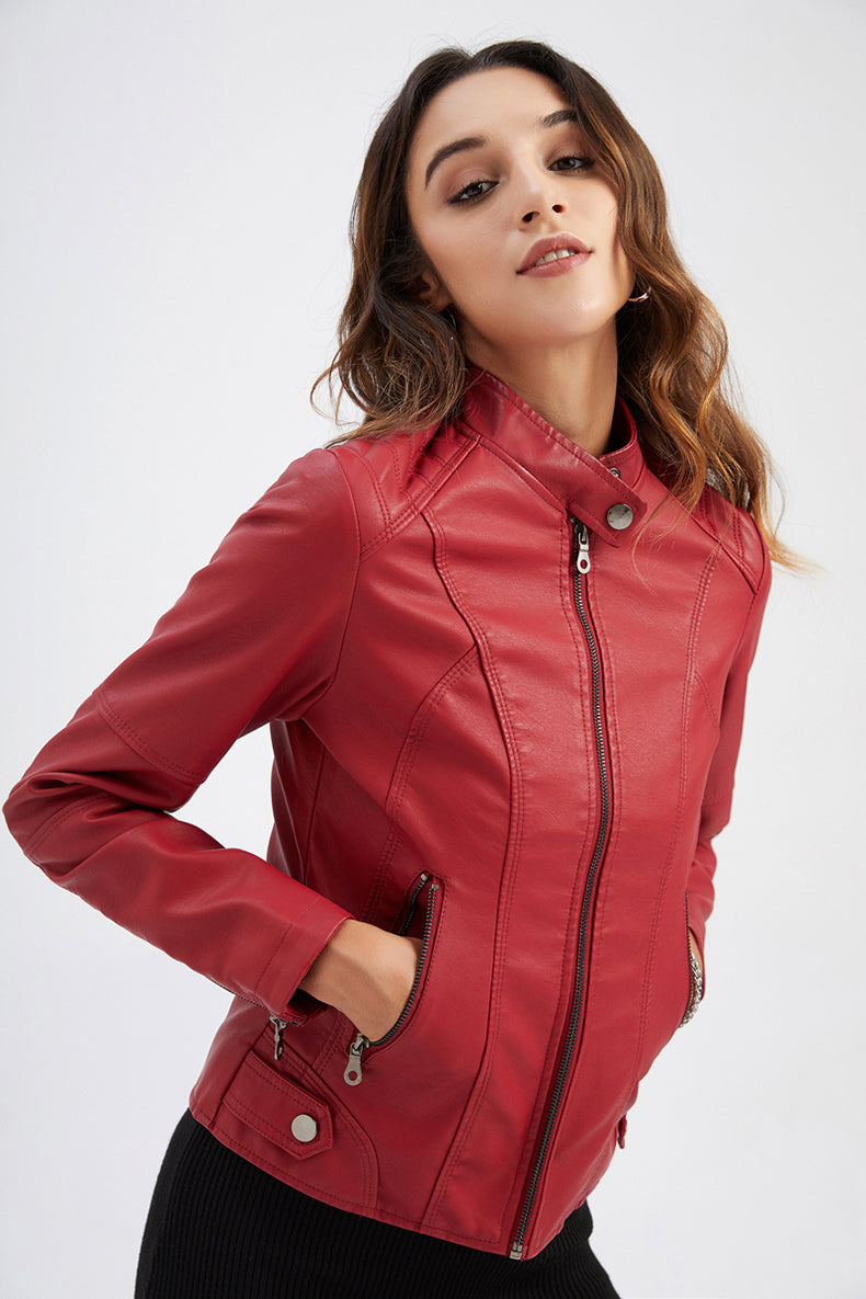 Women’s Faux Leather Jacket | Slim Fit, Zipper Pockets
