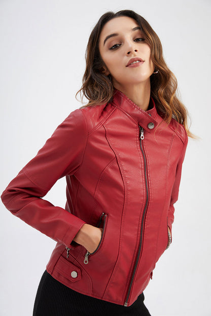 Women’s Faux Leather Jacket | Slim Fit, Zipper Pockets