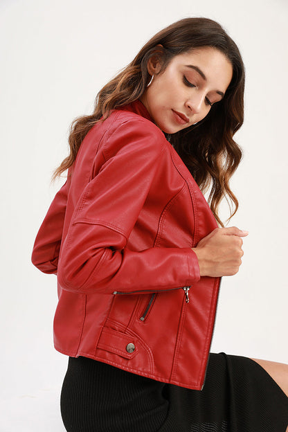 Women’s Faux Leather Jacket | Slim Fit, Zipper Pockets