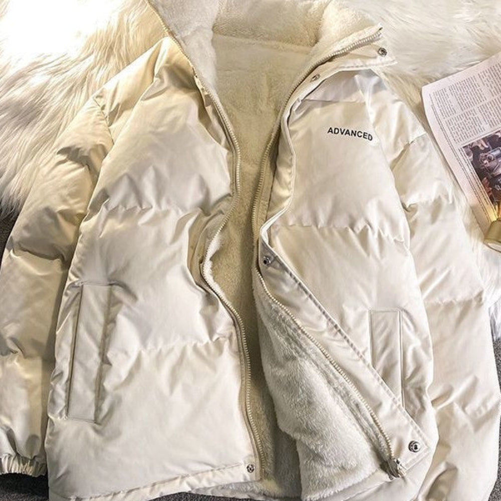 Vintage Solid Short Padded Coat with High Neck and Zipper - Image 4