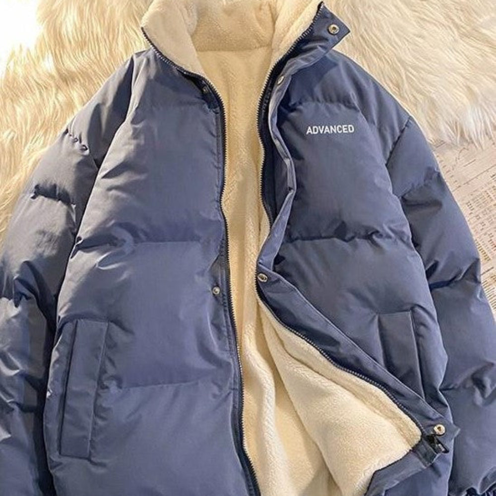 Vintage Solid Short Padded Coat with High Neck and Zipper - Image 7