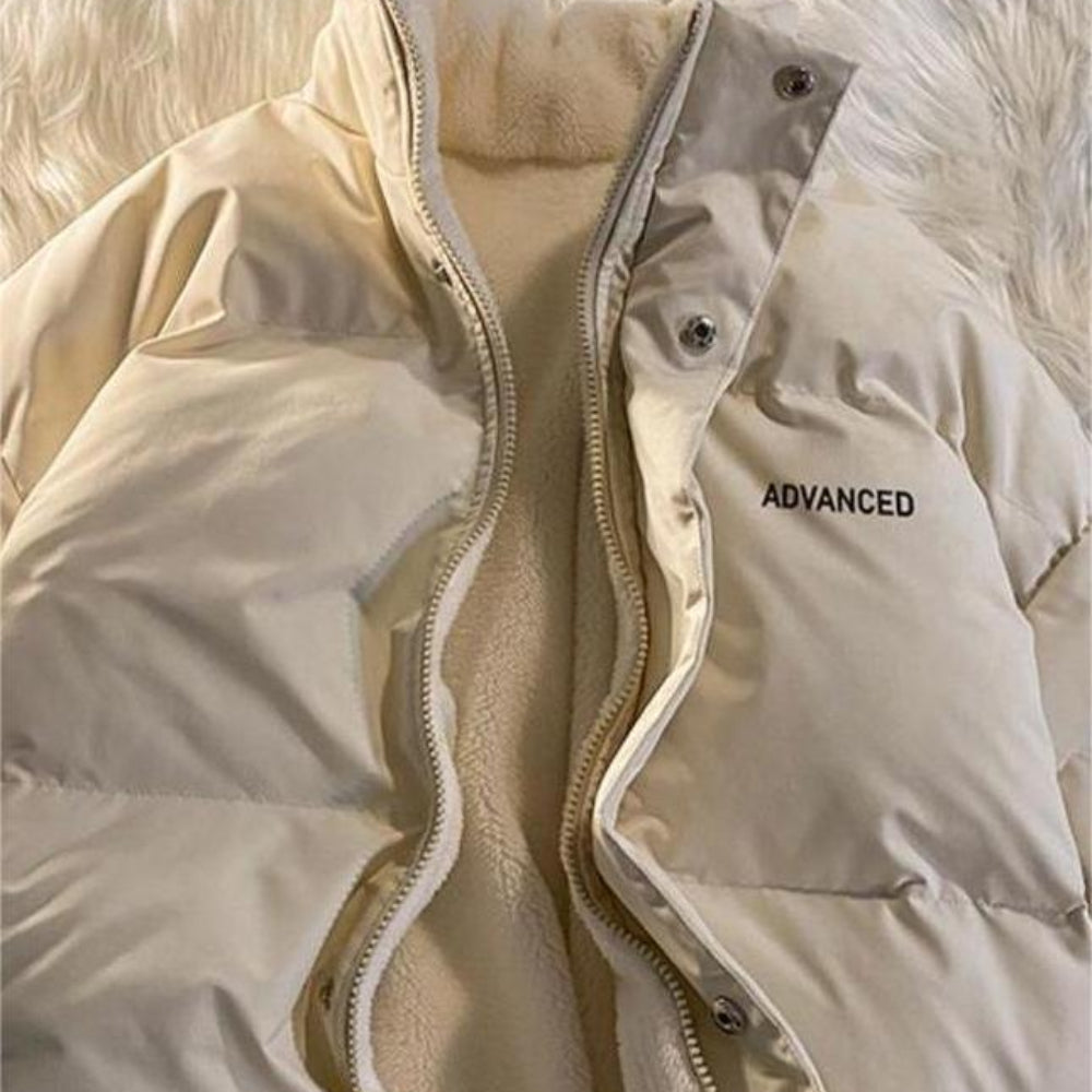 Vintage Solid Short Padded Coat with High Neck and Zipper - Image 6