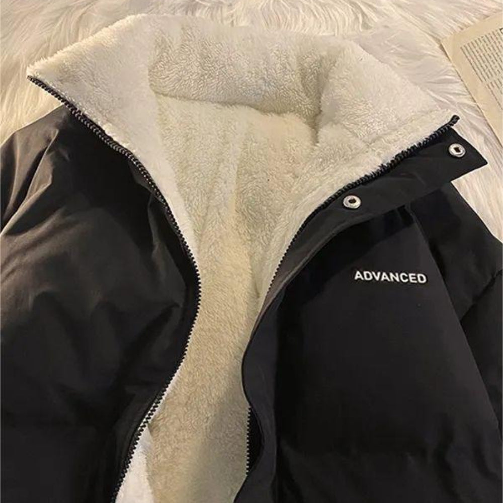 Vintage Solid Short Padded Coat with High Neck and Zipper - Image 3