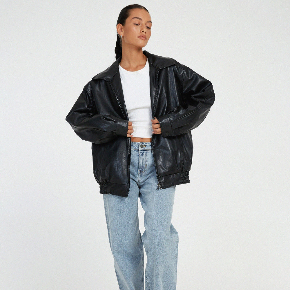 Women's Oversized Streetwear Faux Leather Jacket Zip Up Collared