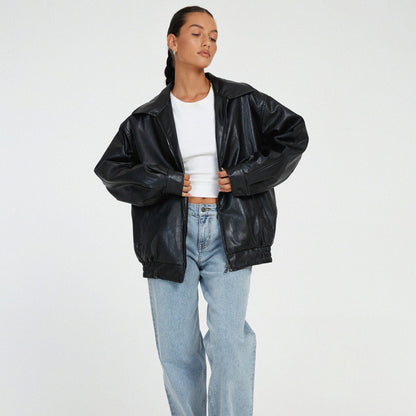 Women's Oversized Streetwear Faux Leather Jacket Zip Up Collared