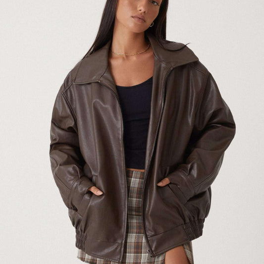 Women's Oversized Streetwear Faux Leather Jacket Zip Up Collared