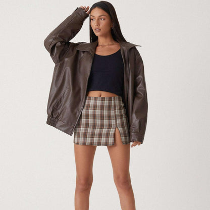 Women's Oversized Streetwear Faux Leather Jacket Zip Up Collared