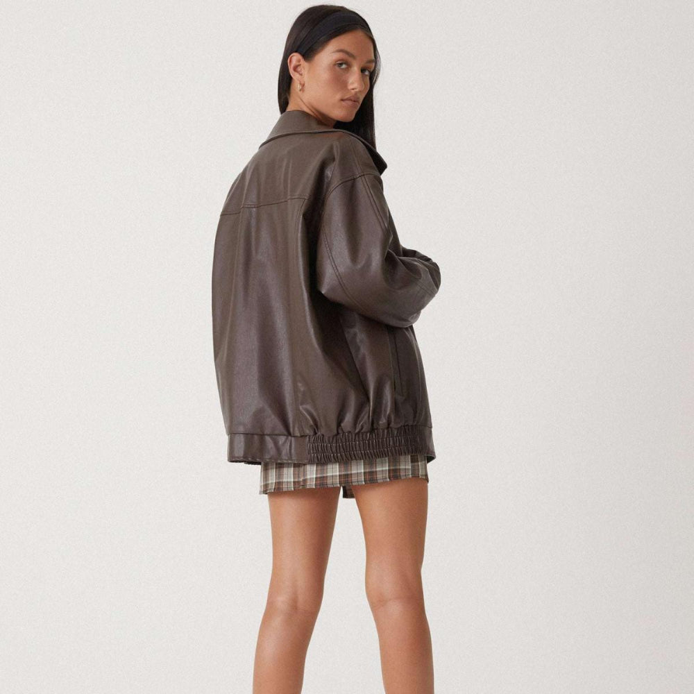 Women's Oversized Streetwear Faux Leather Jacket Zip Up Collared