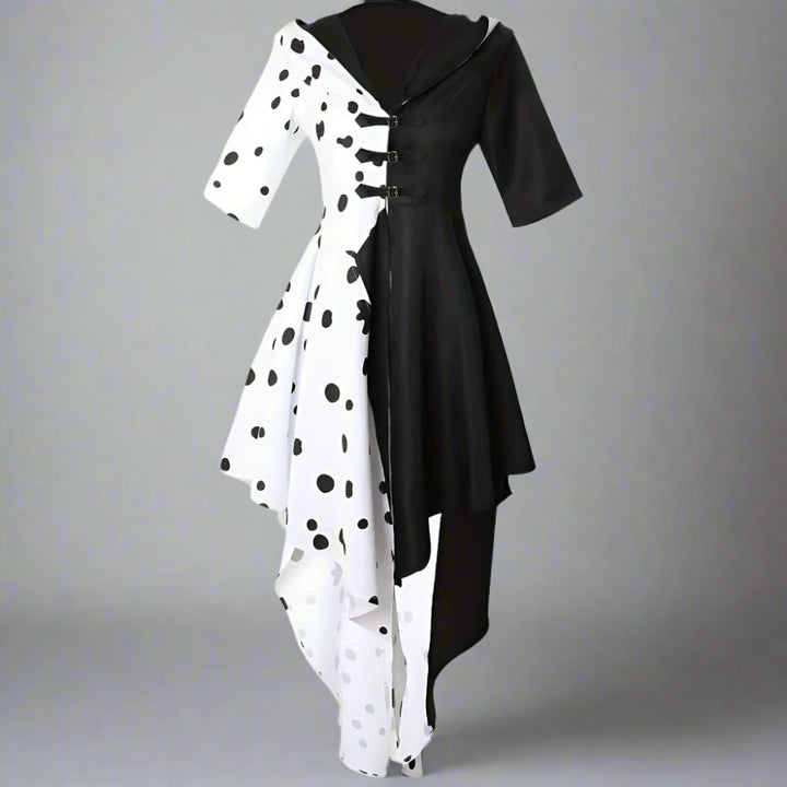 Women’s Hooded Halloween Movie Costume Dress | Asymmetrical Dalmatian - Image 1