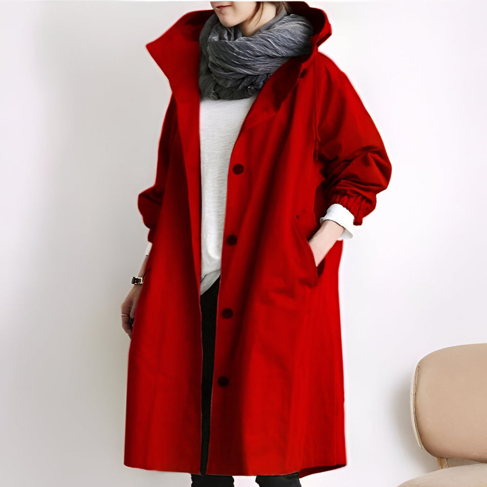 Women's Casual Long Trench Coat | Relaxed Button-Up Hooded