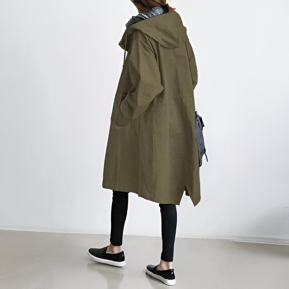 Women's Casual Long Trench Coat | Relaxed Button-Up Hooded