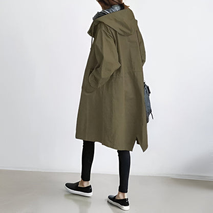 Women's Casual Long Trench Coat | Relaxed Button-Up Hooded