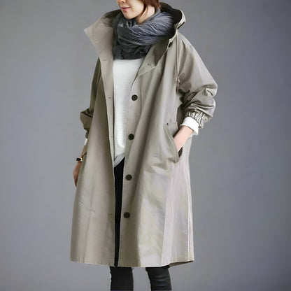 Women's Casual Long Trench Coat | Relaxed Button-Up Hooded