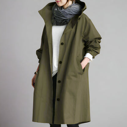 Women's Casual Long Trench Coat | Relaxed Button-Up Hooded