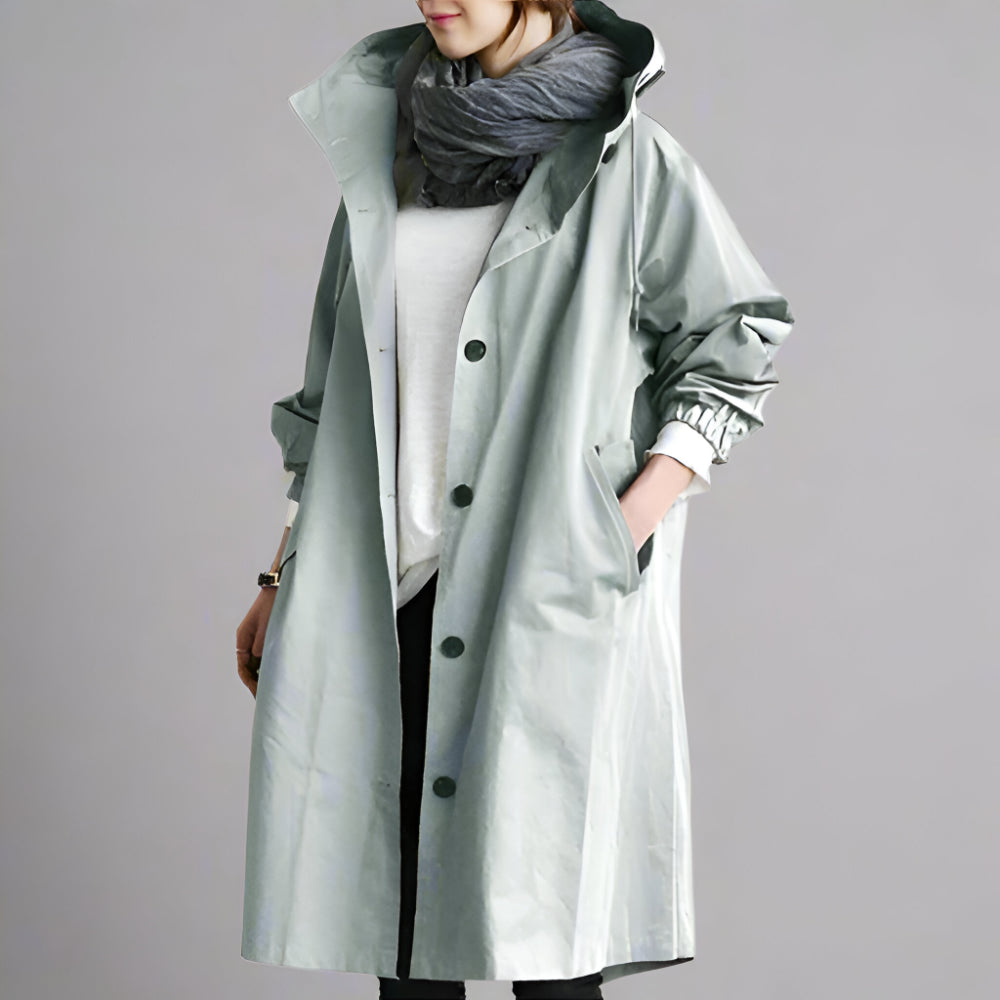 Women's Casual Long Trench Coat | Relaxed Button-Up Hooded