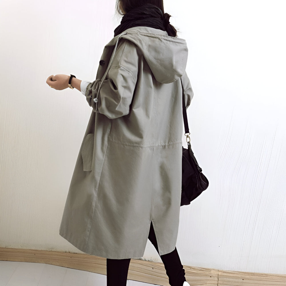 Women's Casual Long Trench Coat | Relaxed Button-Up Hooded