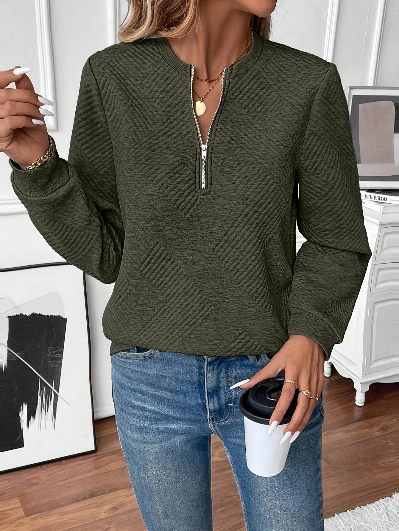 Women's Quilted Half Zip Sweatshirt | Long Sleeve Jumper