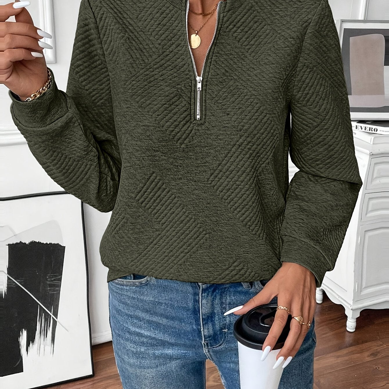 Women's Quilted Half Zip Sweatshirt | Long Sleeve Jumper